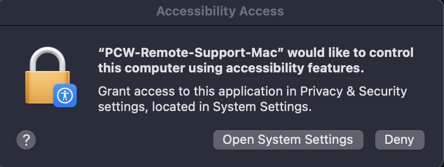Accessibility Access dialog - click Open System Settings