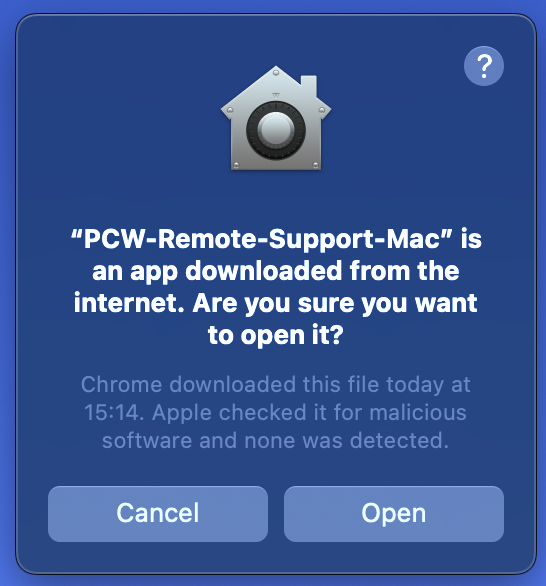 App downloaded from internet dialog - click Open