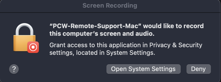 Screen Recording system dialog - click Open System Settings