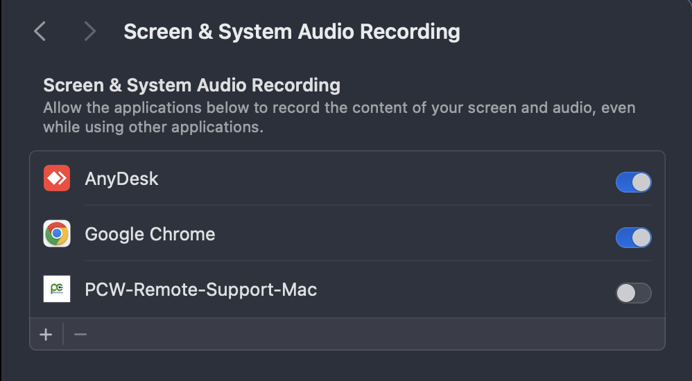 Screen Recording settings - toggle on PCW-Remote-Support-Mac